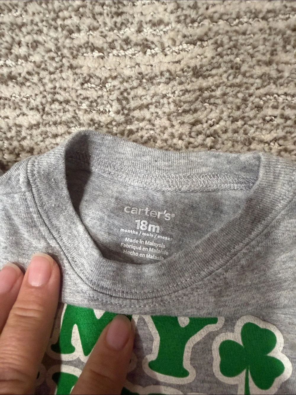 Carter's Gray Tee with Green 'MY LUCKY SHIRT' Graphic